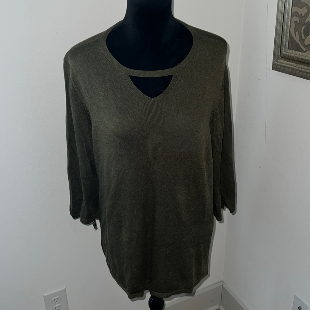 Chico’s Sz XL olive green cotton rayon blend 3/4 sleeves light long sweater
